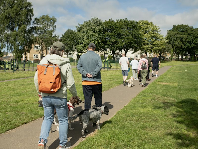 Neighbors walking their dogs along a park path, with a playground in the background